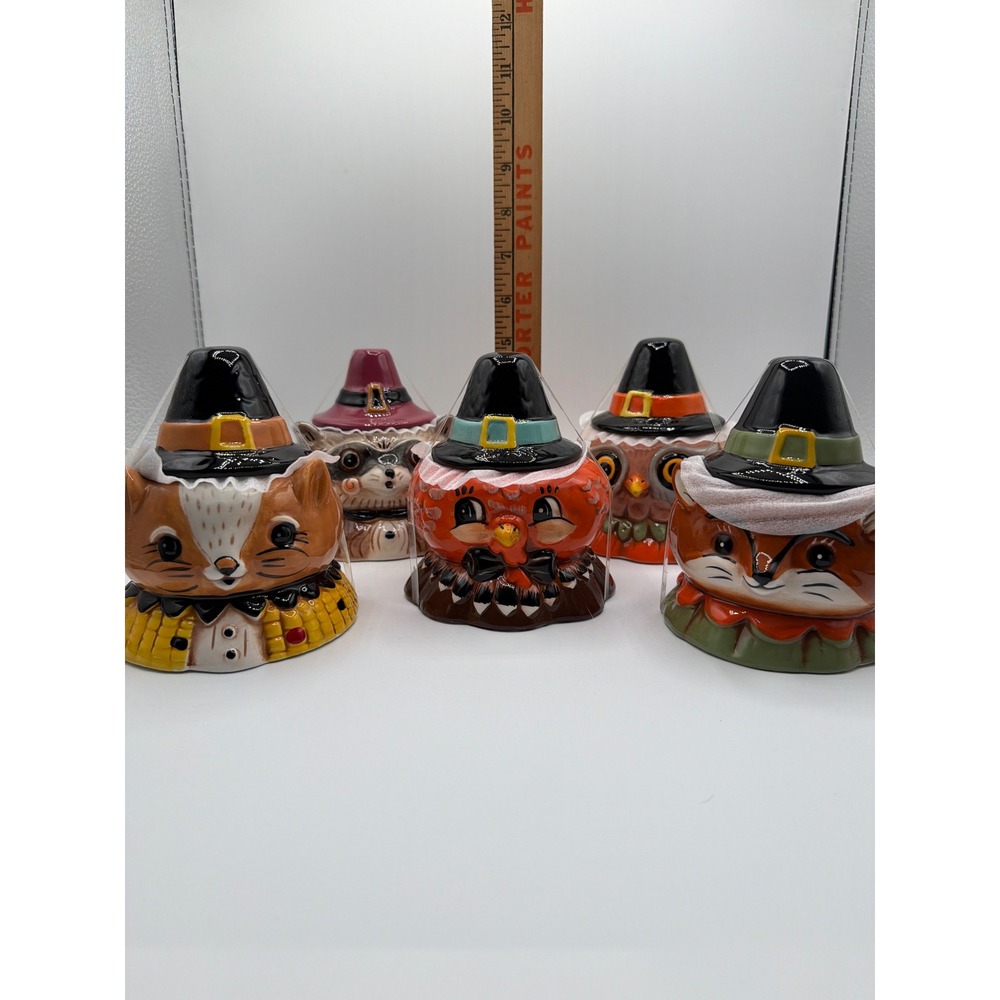 Johanna Parker Transpac Thanksgiving Pilgrim Critter Set of 5 Lidded Jars